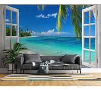 Papier Peint Panoramique Vue Par La Fenêtre Plage Intissé Poster Fresque Murale 3D Paysage Marin Wallpaper pour Salon Chambre d'enfant Restaurant Couloir TV Fond Décoration Murale 500x280 cm H1247