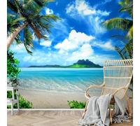 Papier Peint Panoramique Vue Sur La Mer Tropicale 200x140 cm Papier Peint Intissé 3D Palmiers Muraux Tapisserie Photo Décoration Murale Poster Mural XXL pour Chambre Salon 915-ABC