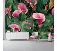 Papier Peint Panoramique XXL 300 x 210 cm, Éléments tropicaux arum monstera Thème 3D Vert rose - Fresque Murale et Poster Géant Photo pour Décoration Salon, Chambre à Coucher