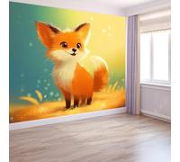 Papier Peint Panoramique XXL Toison Murale 400 x 280 cm Dessin Animé Mignon Petit Renard - Tapisserie Photo Intissé Jaune-Vert Moderne, Décoration Murale pour Salon Chambre Couloir ou Bureau