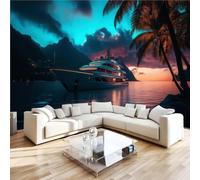 Papier Peint Panoramique Yacht Coucher De Soleil 350x256 cm, Salon | Papier Peint Intissé Tropicale Palmier Décoration Murale Moderne Chambre Bureau,XXL Fresque Murale,Salle à manger L549