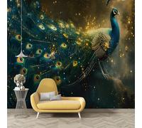 Papier Peint Paon Doré, Panoramique Oiseaux rares Papier Peint Intissé Autocollant, Grand Poster Mural Décoration pour Salon, Chambre Adhésif Mural, 300x210cm - Jaune O4