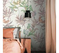 Papier Peint Paradisiaque Avec Des Oiseaux Et Des Feuilles Dans Une Couleur Vive