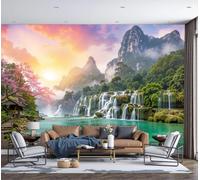 Papier Peint Paysage de coucher de soleil de rêve Panoramique 3D Cascade en gradins lumière du soleil Papier Peint Jaune-vert Murale Salon Chambre à Coucher Maison Décoration Intérieure 300x210cm