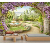 Papier Peint Paysage de Jardin Magnifique Papier Peint en Arche de Fleurs Violettes pour Chambre de Fille Fontaine Arbustes Fleurs Colorées Peintures Murales pour Salon Arbres Lointains Collines