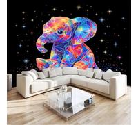 Papier Peint Paysage de Mignon Étoiles Animaux Éléphanteau, Papier Peint Panoramique Décoration Murale Pour Salon Chambre Murales Intissé, Paysage Noir Couleur Wallpaper Mural 300 x 210 cm
