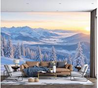 Papier Peint Paysage d'hiver Panoramique 3D Pentes montagneuses enneigées forêts de pins et mer de nuages Papier Peint Jaune Bleu Murale Salon Chambre à Coucher Maison Décoration Intérieure 300x210cm