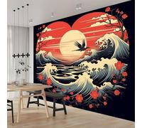 Papier Peint Paysage En Forme De Cœur Grues Fleurs Vagues De L'Océan Panoramique 3D Papier Peint Style Ukiyo-E Murale Salon Chambre à Coucher Maison Décoration Intérieure (350 x 256 cm (W x H))