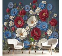 Papier Peint Paysage Fleurs Sauvages Rétro, Papier Peint Panoramique 3D Coquelicots Des Champs Bleu Marine Pour Salon Chambre Bureau Couloir, Décoration Murale Poster Intérieure Grande, 450X315Cm