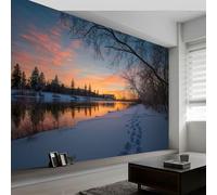 Papier Peint Paysage Naturel Bord Rivière Champ Neige308 x 220 cm Décoration Papier Peint Moderne Orange Bleu Murale facile à nettoyer, idéale pour chambre et salon, avec un design unique et moderne