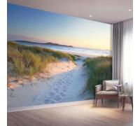 Papier Peint Paysage Naturel Panoramique 3D Papier Peint Plage Dunes De Sable Empreintes Herbe Verte Murale Salon Chambre Décoration Intérieure Non tissé pour TV Fond Décoration, 200 x 140 cm