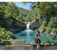 Papier Peint Paysage Réaliste Cascade En Forêt 450 X 315 Cm Papier Peint Panoramique Effet 3D, Peinture Murale Poster Intissé Naturalisme, Pour Chambre Salon Tv Fond