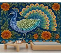 Papier peint peint paon traditionnel brodé style élégant paon papier peint bleu roi fleurs orange-rouge pivoine/hibiscus enfants papier peint pour chambre à coucher salon décoration murale 250 x 175