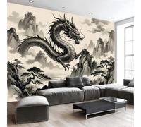Papier Peint Peinture À L'Encre : Dragon Paysage, Papier Peint Panoramique 3D Esthétique Chinoise Beige Pour Salon Chambre Bureau Couloir, Décoration Murale Poster Intérieure Grande, 250X175Cm