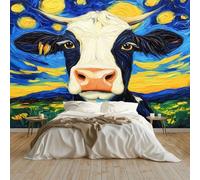 Papier Peint Peinture À L'Huile D'Animaux Vaches Ciel Étoilé Panoramique Peinture Murale Interieur 250x175 cm pour Salon Chambre à Coucher D'Enfant Maison Décoration Murale, Bleu