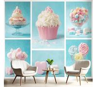 Papier Peint Petits Gâteaux,Wallpaper Panoramique Nourriture Pâtisseries, Papier Peint Intissé Salon Chambre Bureau 200×150cm Fresque Murale Bleu Clair