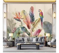 Papier peint photo 300 x 210 cm - Aquarelle Oiseau Jungle Feuille de palmier Design - pour salon et chambre à coucher - Coloré Papier peint non tissé effet 3D - Photo Non Tissé Muraux Trompe l'oeil