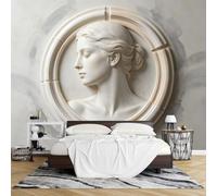 Papier Peint Photo 3D 100 x 70 cm Cadre Rond Sculpture Déesse Fresque Murale Intissé Art Mural Moderne pour Salon Chambre Décoration Intérieure.