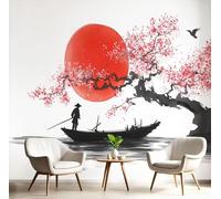 Papier peint photo 3D « Coucher de soleil sur un bateau de pêche », fresque murale style peinture à l'encre japonaise pour chambre, décoration murale en noir et blanc, fresque murale pour bureau, papi