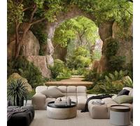 Papier peint photo 3D intissé, motif paysage, zone de conservation forestière, porte en pierre. Idéal pour le salon, la chambre, la chambre d'enfant, le bureau ou le couloir. Dimensions : 200 cm x 140