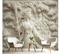 Papier peint photo 3D, motif floral en relief représentant une déesse de la nature, avec des plantes élégantes et un panorama naturel. Décoration murale effet crème pour salon ou chambre, 200 cm x 140
