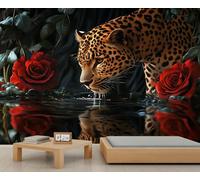 Papier peint photo 3D motif léopard sauvage, rose botanique verte, motif floral, bord de l'eau, animaux de la forêt, papier peint pour chambre à coucher, salon, papier peint qui ne se décolle pas et