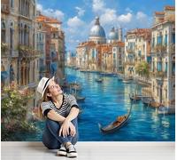 Papier peint photo 3D mural représentant une ville traversée, une peinture à l'huile classique, un poster mural, un autocollant mural pour fond de télévision, une décoration murale pour salon, chambre