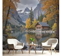 Papier peint photo 3D représentant des montagnes, un bord de lac, des chalets et un paysage d'automne, en soie, idéal pour une chambre, un salon, un mur TV ou toute autre décoration murale, 430 cm x 3