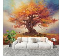 Papier Peint Photo Auto-Adhésif 350x256cm CréAtivité Arbre Du Monde Peinture à L'Huile Peler Et Coller 3D Panoramique Papier Peint Couleur Orange Fresque Murale HD Intissé Poster Geant Stickers muraux