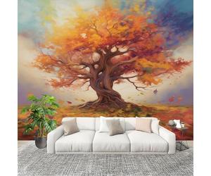 Papier Peint Photo Auto-Adhésif 350x256cm CréAtivité Arbre Du Monde Peinture à L'Huile Peler Et Coller 3D Panoramique Papier Peint Couleur Orange Fresque Murale HD Intissé Poster Geant Stickers muraux
