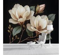 Papier Peint Photo Beige Fleurs De Magnolia,Feuilles Vertes Plantes Peintes À L'Huile Effet 3D Poster Tableaux Photo Muraux Utilisé Pour Salon Chambre Chambre D'Enfant Décoration Murale,300X210Cm