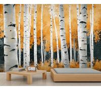 Papier peint photo bouleau - 250 x 175 cm - Forêt d'automne - Feuilles d'automne - Grand papier peint pour salon - Décoration murale - Ne se décolle pas et ne colle pas
