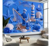 Papier Peint Photo Collage Marin Phare Navire 450 x 315 cm Papier Peint Panoramique, Bleu Papier Peint intissé Murale Pour Chambre De Fille Garçon Chambre De Bébé Salon Chambre Décor