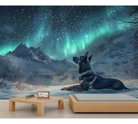 Papier peint photo de berger allemand 350 x 254 cm - Motif chien aurores boréales - Grand papier peint pour salon, paysage boréal - Décoration murale (ne pas décoller et coller)
