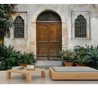 Papier peint photo de porte de grange de ferme - Plantes vertes - Grand paysage de village - Décoration murale pour chambre à coucher - Paysage italien - 100 x 70 cm - Ne se décolle pas et ne colle