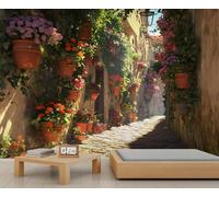 Papier peint photo de rue avec fleurs italiennes - 200 x 200 cm - Toscane Italie - Grand papier peint à motif floral rouge pour salon - Décoration murale - Non autocollant