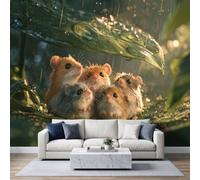 Papier peint photo dessin Animé Conte de Fées Naturel Apaisant pour chambre d'enfant, Souris Feuilles Vertes Gouttes de Pluie Papier Peint Mural 400 x 280 cm pour Salon Haute Qualité Résistant aux UV