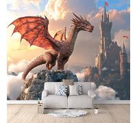 Papier Peint Photo Dragon Château 450x315 cm Papier Peint Dragon Animal Effet 3D Pas de Support Adhésif Tissu Intissé Installation Facile et Durable pour Salon Chambre Bureau Restaurant Poster