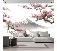 Papier peint photo effet 3D, fresque murale japonaise - Fleurs de cerisier roses et grises, montagnes enneigées, poster en tissu de soie, décoration murale pour salon ou chambre, 250 cm x 175 cm
