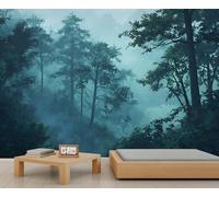 Papier peint photo forêt brumeuse - 150 x 105 cm - Décoration murale de forêt verte - Décoration murale pour chambre à coucher - Ne se décolle pas et ne colle pas
