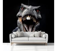 Papier Peint Photo Intissé 200 x 140 cm - Décoration Murale pour Chambre d'Enfant Salon - Gothique Monstres Dinosaures Tyrannosaure Rex Noir pour Maison Appartement (3 Panneaux, Colle Requise)