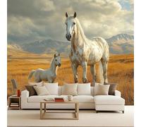 Papier Peint Photo intissé 200x140cm Cheval Blanc papier peint panoramique Série Prairies Gratuites Effet 3D Illusion d’Optique Art Mural Photomuraux Modernes Découpe sur Mesure Résistant aux Rayures