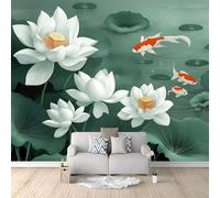 Papier Peint Photo INTISSÉ 250 x 175 cm Lotus Oriental À L'Aquarelle panoramique 3D Poster Géant Affiche Décoration, Vert Papier Peint Mural pour Salle De Bain cuisine salon