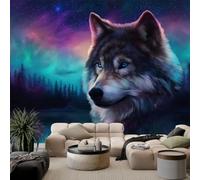 Papier Peint Photo Intissé 250 x 175 cm, Papier Peint Mural Panoramique Géant, Décoration Murale Aurore boréale Scène nocturne Loup Forêt nordique Imprimée pour Salon Chambre Couloir Hôtel Mur TV