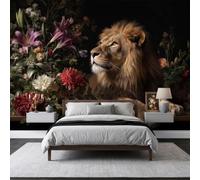 Papier Peint Photo Intissé 250 x 175 cm, Papier Peint Mural Panoramique Géant, Décoration Murale Lion Floral peinture à l'huile Chinois Classique Imprimée pour Salon Chambre Couloir Hôtel Mur TV