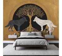 Papier Peint Photo Intissé 300 x 210 cm, Papier Peint Mural Panoramique Géant, Décoration Murale Mythologie nordique loup arbre de vie Totem Celtique Imprimée pour Salon Chambre Couloir Hôtel Mur TV