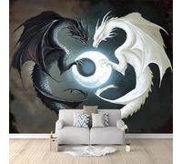 Papier Peint Photo INTISSÉ 300 x 210 cm Poster Géant Affiche Dragon De Lune Fantastique Décoration, Noir Blanc Papier Peint Panoramique 3D Décoration Murale