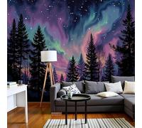 Papier peint photo intissé Aurora Dancing Pine Forest, effet 3D, ciel étoilé féerique pour salon et chambre, papier peint violet pour décoration murale, stickers 400 cm x 280 cm - tableau sans cadre -
