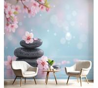 Papier peint photo intissé, magnifiques fleurs de cerisier, effet 3D, motif pavés zen, idéal pour salon et chambre. Papier peint intissé bleu, revêtement mural, décoration murale, 350 cm x 256 cm.