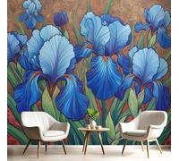 Papier peint photo intissé, motif iris bleu, papier peint à motifs floraux aquarelle, idéal pour le salon, le couloir, le mur TV, fresque murale XL, poster, brun rougeâtre, 430 cm x 300 cm